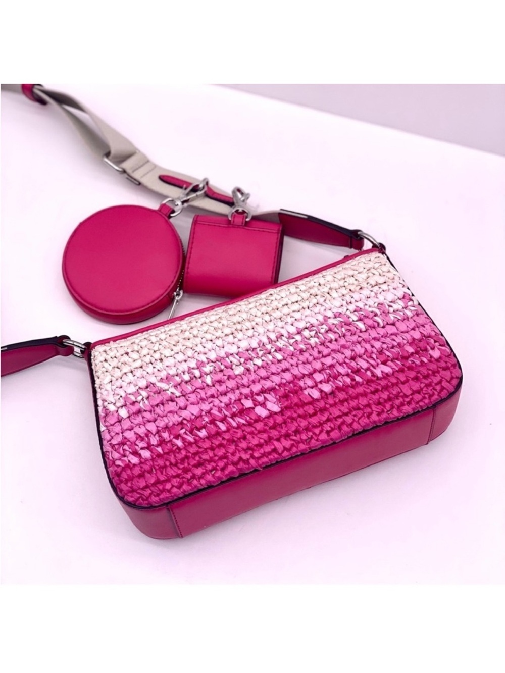 Michael Kors Pink and White Ombre Woven Crossbody with Removable Pouches - Picture 2 of 11